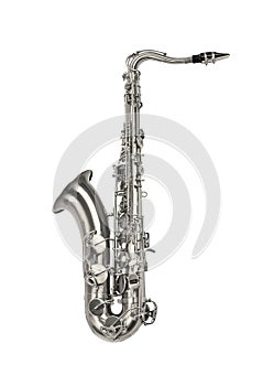 Silver saxaphone on the white photo