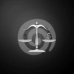 Silver Scale weighing money and time icon isolated on black background. Scales with hours and a coin. Balance between