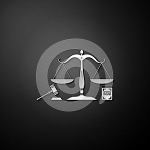 Silver Scales of justice, gavel and book icon isolated on black background. Symbol of law and justice. Concept law