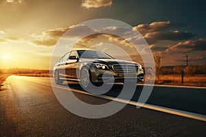 a silver sedan car is parked on the road with sunset photo