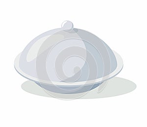 Silver serving dome or Cloche on plate isolated on white.