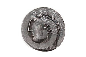 Silver 5 shekel Carthaginian coin with portrait of Tanit the sky goddess and the winged horse Pegasus