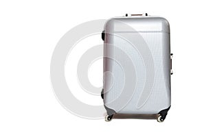 Silver shell suitcase standing on the white background