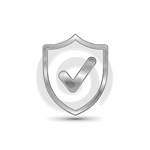 Silver shield with checkmark icon represents security safety protection and approval
