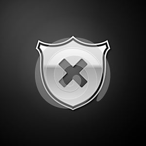 Silver Shield and cross x mark icon isolated on black background. Denied disapproved sign. Protection, safety, security