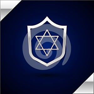 Silver Shield with Star of David icon isolated on dark blue background. Jewish religion symbol. Symbol of Israel. Vector