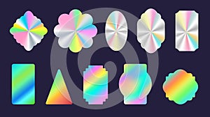 Silver shiny foil holographic stickers geometric shapes. Official product rainbow hologram label and seal. Quality