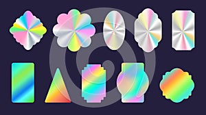 Silver shiny foil holographic stickers geometric shapes. Official product rainbow hologram label and seal. Quality certification