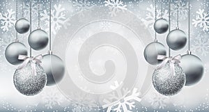 Silver shiny glitter baubles on snowflakes background Vector realistic. Christmas silver decorations card. Holidays