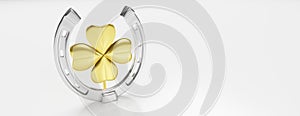 Silver horseshoe golden four leaf clover on white background. Copy space, banner. 3d illustration