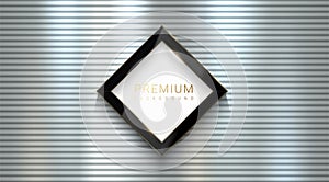 Silver shiny metal horizontal straight line background with vector rhombus glossy luxury black and golden edge line logo frame.