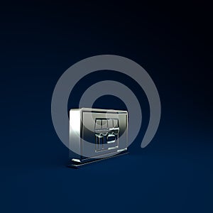 Silver Shopping building on screen laptop icon isolated on blue background. Concept e-commerce, e-business, online