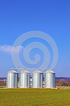 Silver silos in field