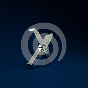 Silver Ski and sticks icon isolated on blue background. Extreme sport. Skiing equipment. Winter sports icon. Minimalism