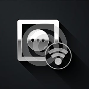 Silver Smart electrical outlet system icon isolated on black background. Power socket. Internet of things concept with