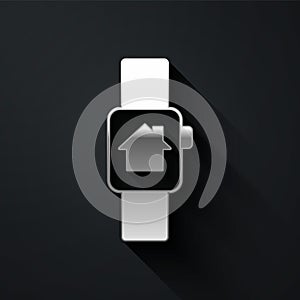 Silver Smart home with smart watch icon isolated on black background. Remote control. Long shadow style. Vector