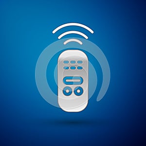 Silver Smart remote control system icon isolated on blue background. Internet of things concept with wireless connection