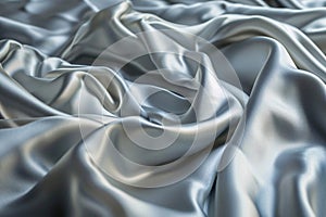 Silver smooth satin or silk texture background. Gray fabric abstract texture. Luxury satin cloth. Silky and wavy folds of silk