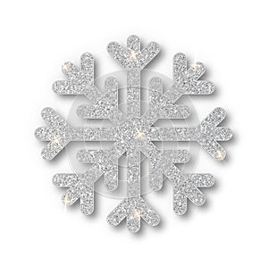 Silver snowflake, Christmas decoration, covered bright glitter. Silver glitter texture snowflake isolated. Xmas ornament