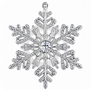 Silver Snowflake Ornament with Central Jewel on White Background