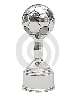 Silver soccer ball trophy on pedestal