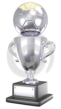 Silver soccer or football trophy cup . Isolated . Embedded clipping paths . 3D rendering