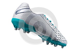 Silver soccer shoes with spikes, levitates like flying, white background, reverse side
