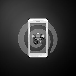 Silver SOS call icon isolated on black background. 911, emergency, help, warning, alarm. Long shadow style. Vector