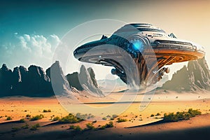 Silver spaceship in a desert landscape, ai generative