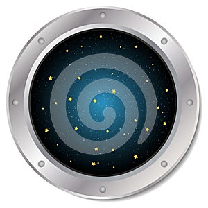 Silver spaceship window porthole with space. Dark blue sky and yellow stars vector.