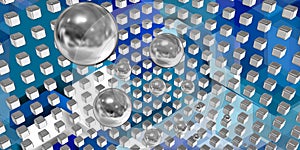 Silver spheres flying in a tech space