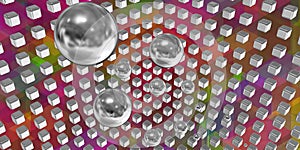 Silver spheres flying in a tech space