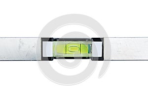 Silver spirit level isolated on white background. Construction tool. Metal small spirit lever. Repair tool.