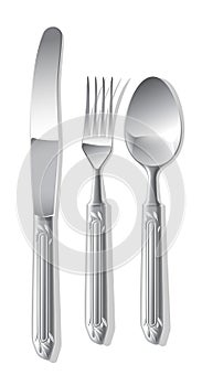 Silver spoon, fork and table knife