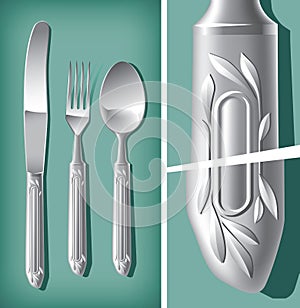 Silver spoon, fork and table knife