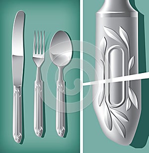 Silver spoon, fork and table knife