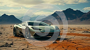 A silver sports car in a desert