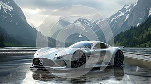 a silver sports car is parked on a wet road in front of a mountain range