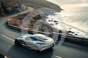 A silver sports car speeds down a road that runs parallel to the vast and open ocean, A sleek, silver sports car on a twisting