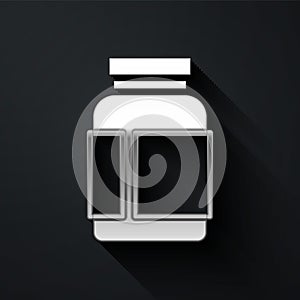 Silver Sports nutrition bodybuilding proteine power drink and food icon isolated on black background. Long shadow style