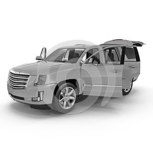 Silver Sports Utility Vehicle Isolated on White. Doors opened. 3D illustration
