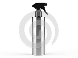 Silver spray bottle with black nozzle