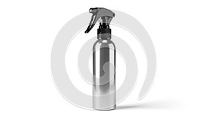 Silver spray bottle with black trigger on white background