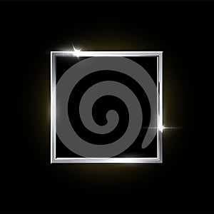 Silver square frame isolated on black background. Vector design element.