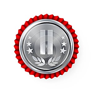 Silver 2st Place Rosette, Badge, Medal Vector. Realistic Achievement With Best Second Placement. Round Championship Label With Red photo