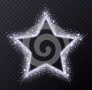 Silver star frame with sparkles and flares, abstract luminous particles, white stardust light effect