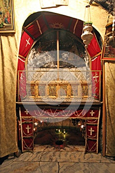 A silver star marks the traditional site of the birth of Jesus in Church of the Nativity, Bethlehem