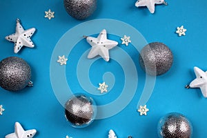 Silver star texture, snowflakes and christmas balls