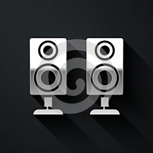 Silver Stereo speaker icon isolated on black background. Sound system speakers. Music icon. Musical column speaker bass