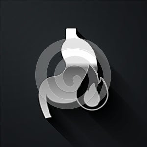 Silver Stomach heartburn icon isolated on black background. Stomach burn. Gastritis and acid reflux, indigestion and